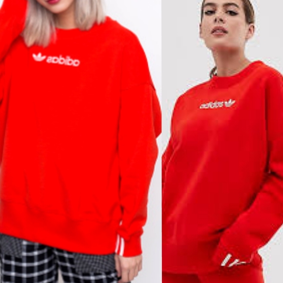 Adidas Originals❤Coeeze❤Red Fleece Sweatshirt Top| X3 Stripes Cuff - Picture 1 of 10